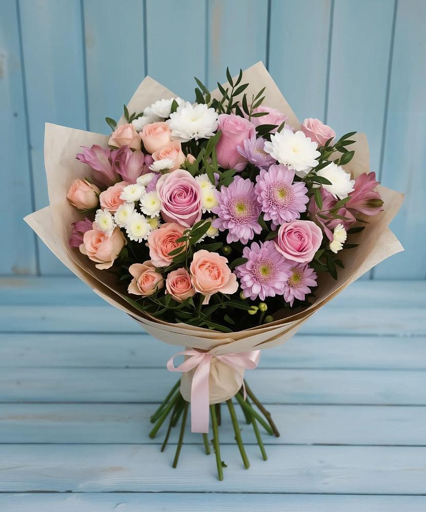 Букет цветов из: Хризантемы, Розы и Альстромерии в Новый Быт