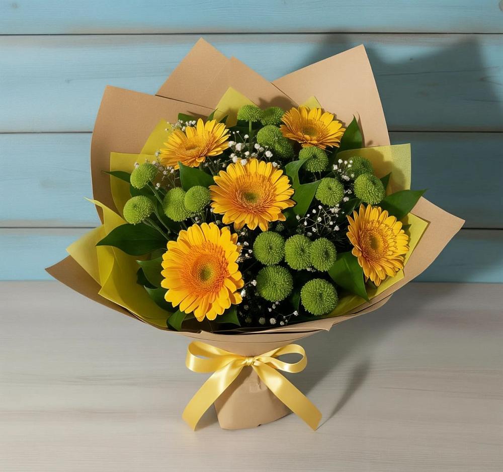 Букет цветов из: Герберы и Хризантемы в Новый Быт
