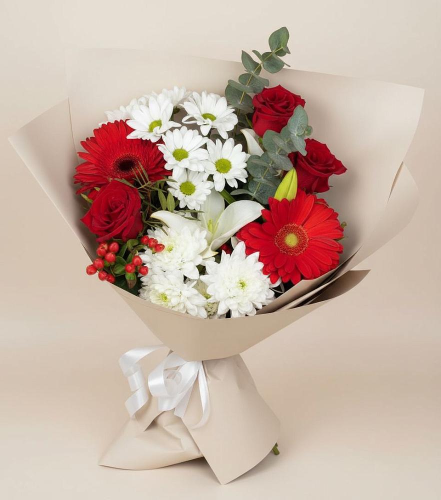 Букет цветов из: Розы, Хризантемы, Герберы и Лилии в Новый Быт
