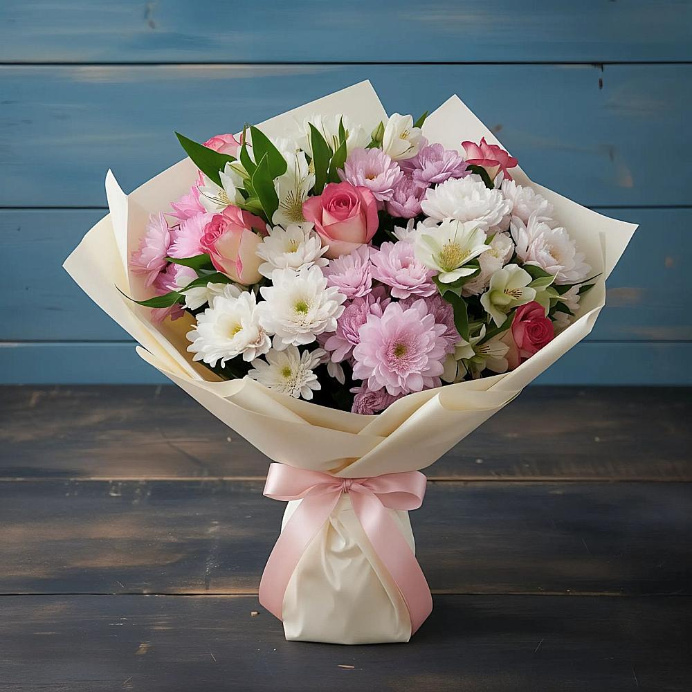 Букет цветов из: Хризантемы, Альстромерии и Розы в Новый Быт